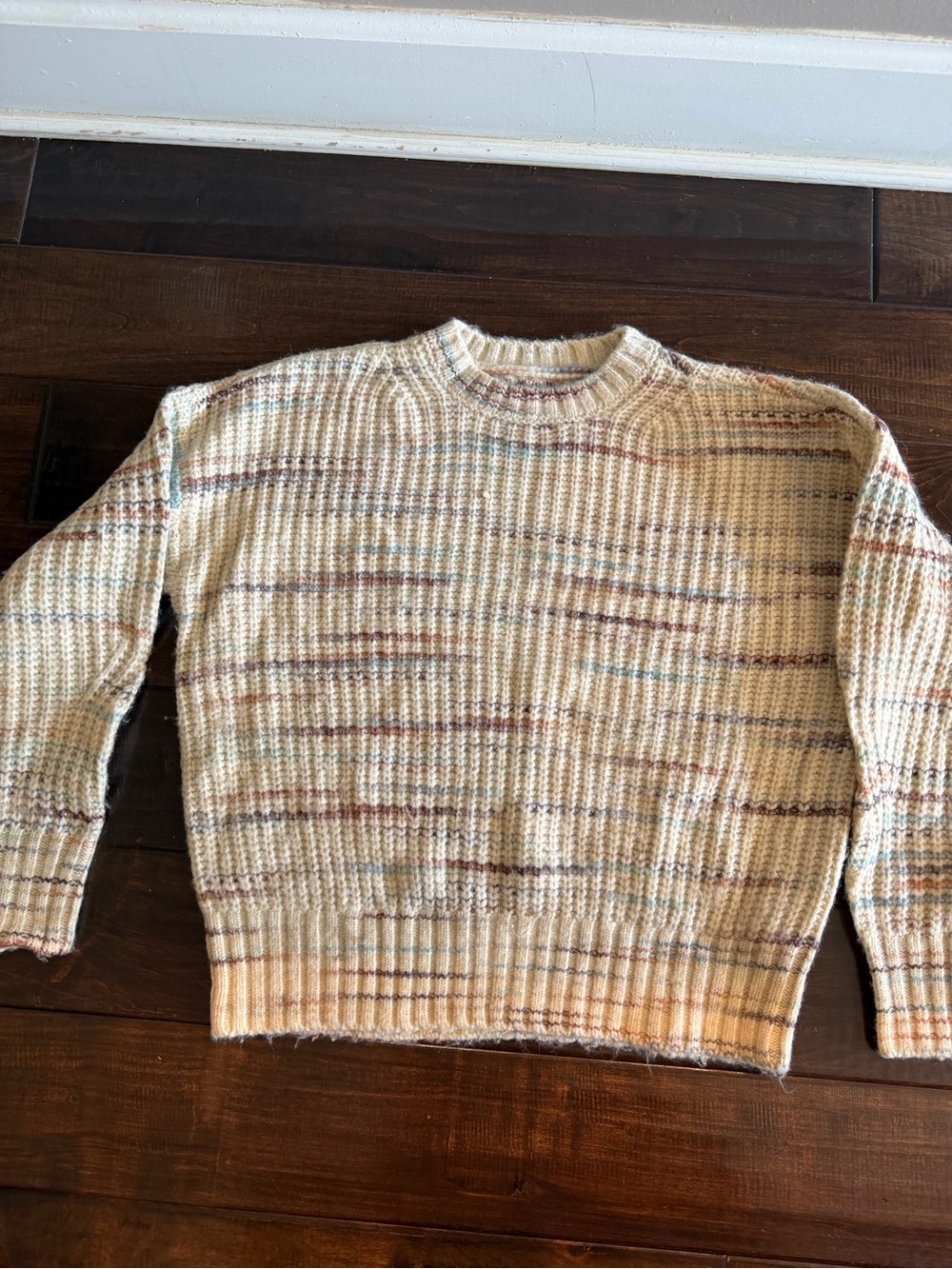 American Eagle woman’s Cream Multicolor Stripe Crewneck Sweater